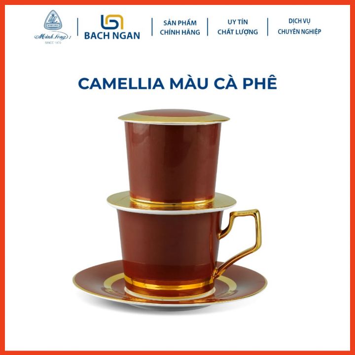 Bộ phin pha cà phê minh long - màu cà phê - trang trí vàng 24k bằng sứ đẳng cấp, sang trọng phù hợp tiếp khách, gia đình
