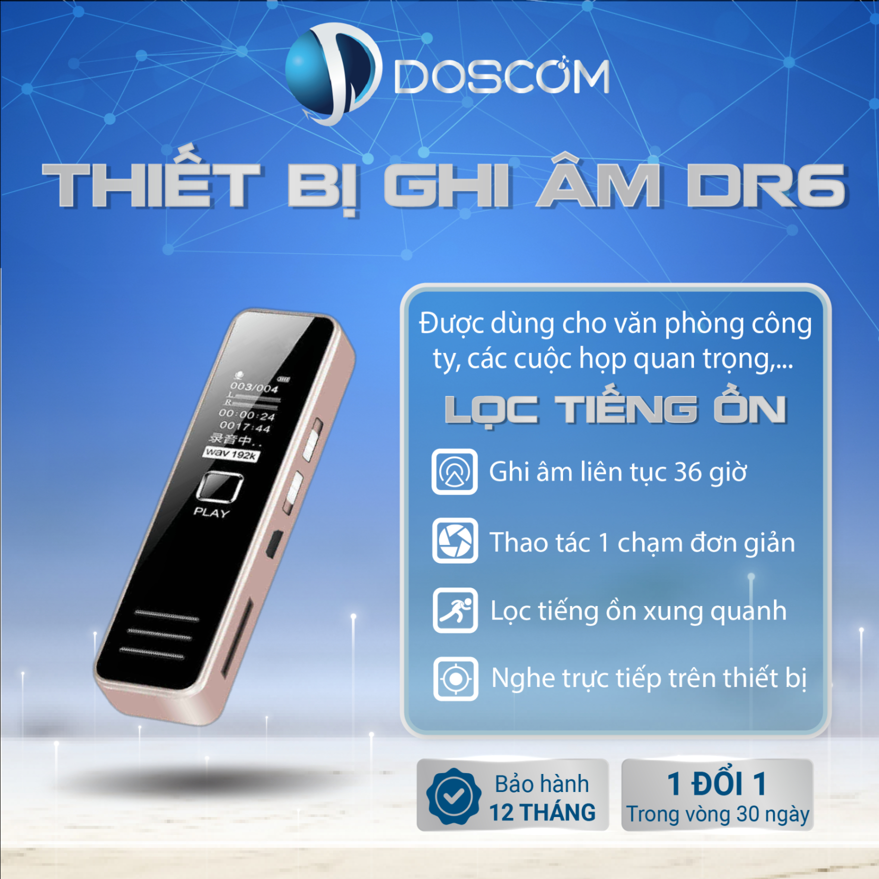 Dr6 thiết bị ghi âm lọc tiếng ồn – màn hình lcd