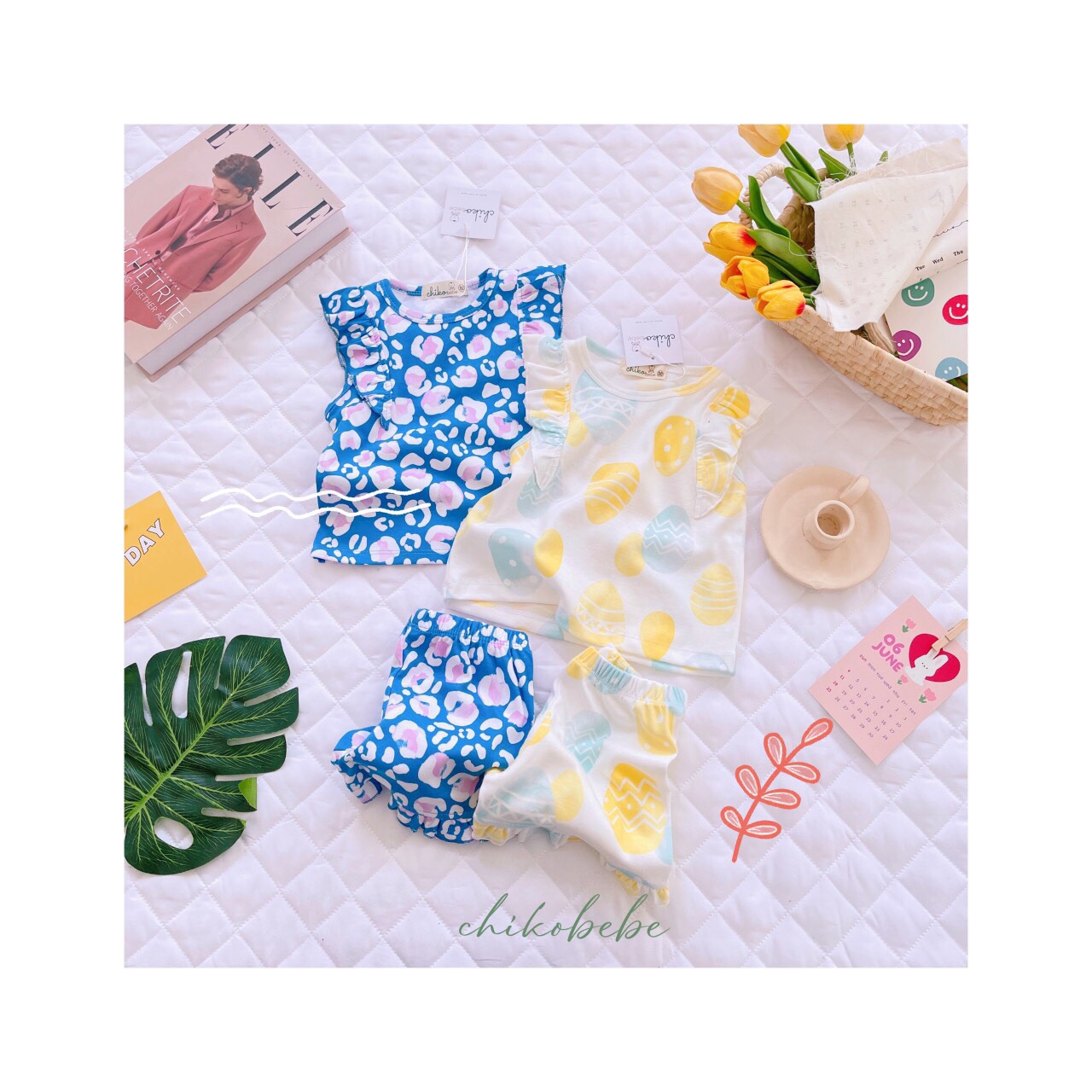 Bộ sát nách bé gái dễ thương freeship đồ bộ cotton chikobebe cho bé