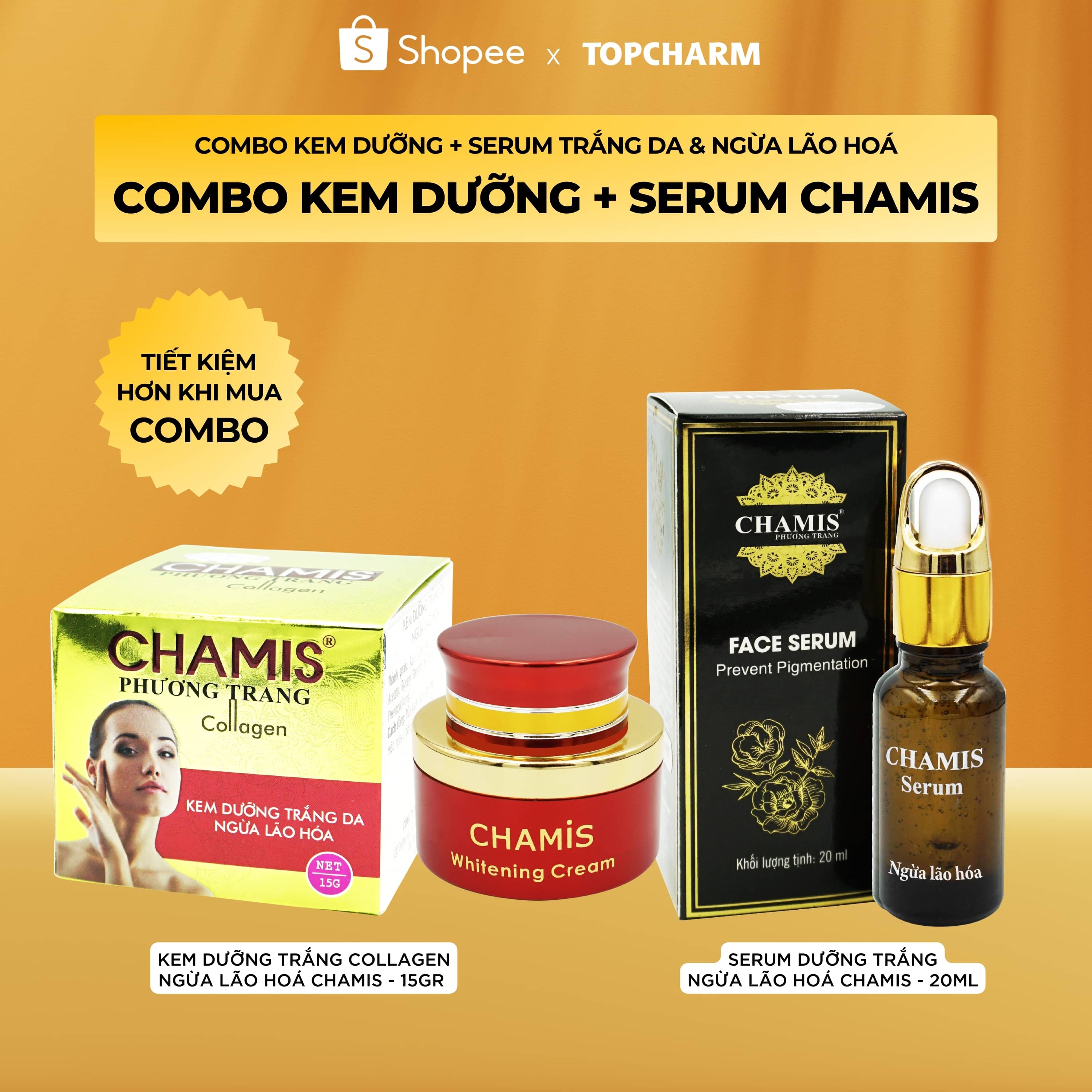 Combo kem dưỡng trắng da collagen và Serum ngừa lão hoá da CHAMIS