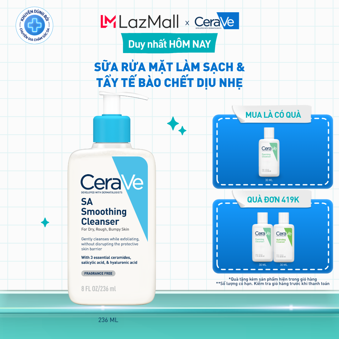Sữa rửa mặt làm sạch da, loại bỏ dầu thừa và tẩy tế bào chết dịu nhẹ không gây khô da CeraVe SA Smoothing Cleanser 236ML