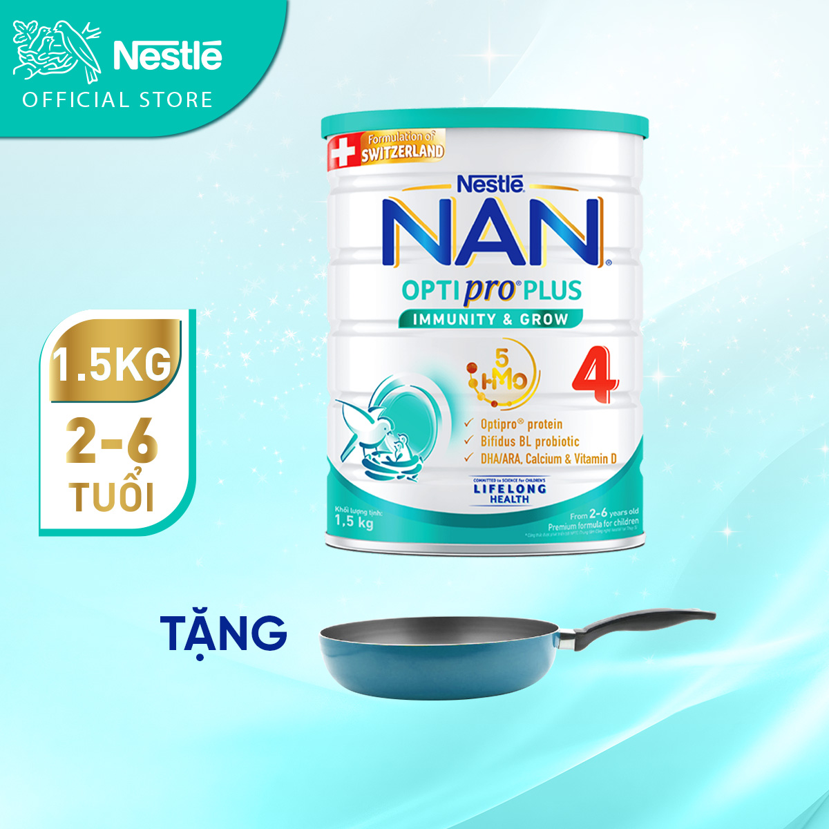 [Tặng chảo Elmich 20cm] Sữa bột Nestlé NAN OPTIPRO PLUS 4 với 5HMO xuất xứ Thụy Sĩ - Hộp 1500g cho bé từ 2 - 6 tuổi - Sữa công thức dinh dưỡng cho trẻ giúp hỗ trợ tiêu hóa, đề kháng, trí não và phát triển toàn diện