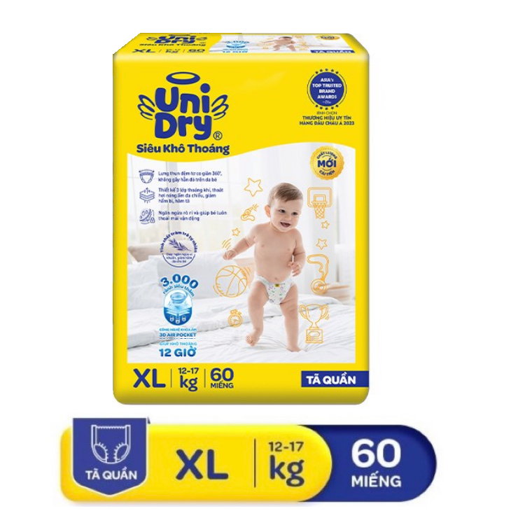 Bỉm/Tã quần Unidry size XL60 mẫu mới siêu khô thoáng (cân nặng 12-17kg)