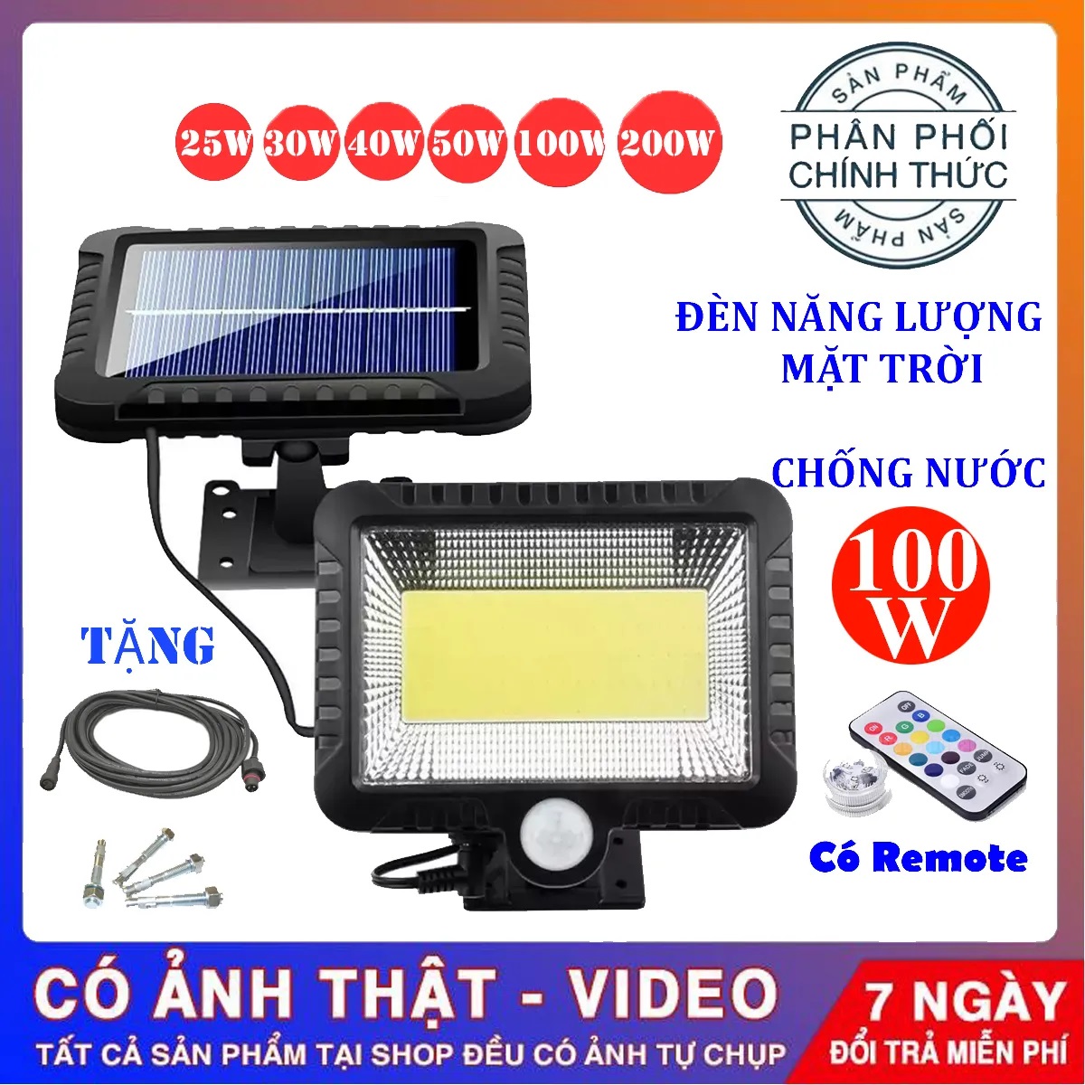 [BẢO HÀNH 12 THÁNG]Đèn năng nượng mặt trời 100w chống nước có REMOTE ,đèn năng lượng mặt trời siêu sáng tặng kèm dây 5m lắp được mọi vị trí cảm biến sáng tối