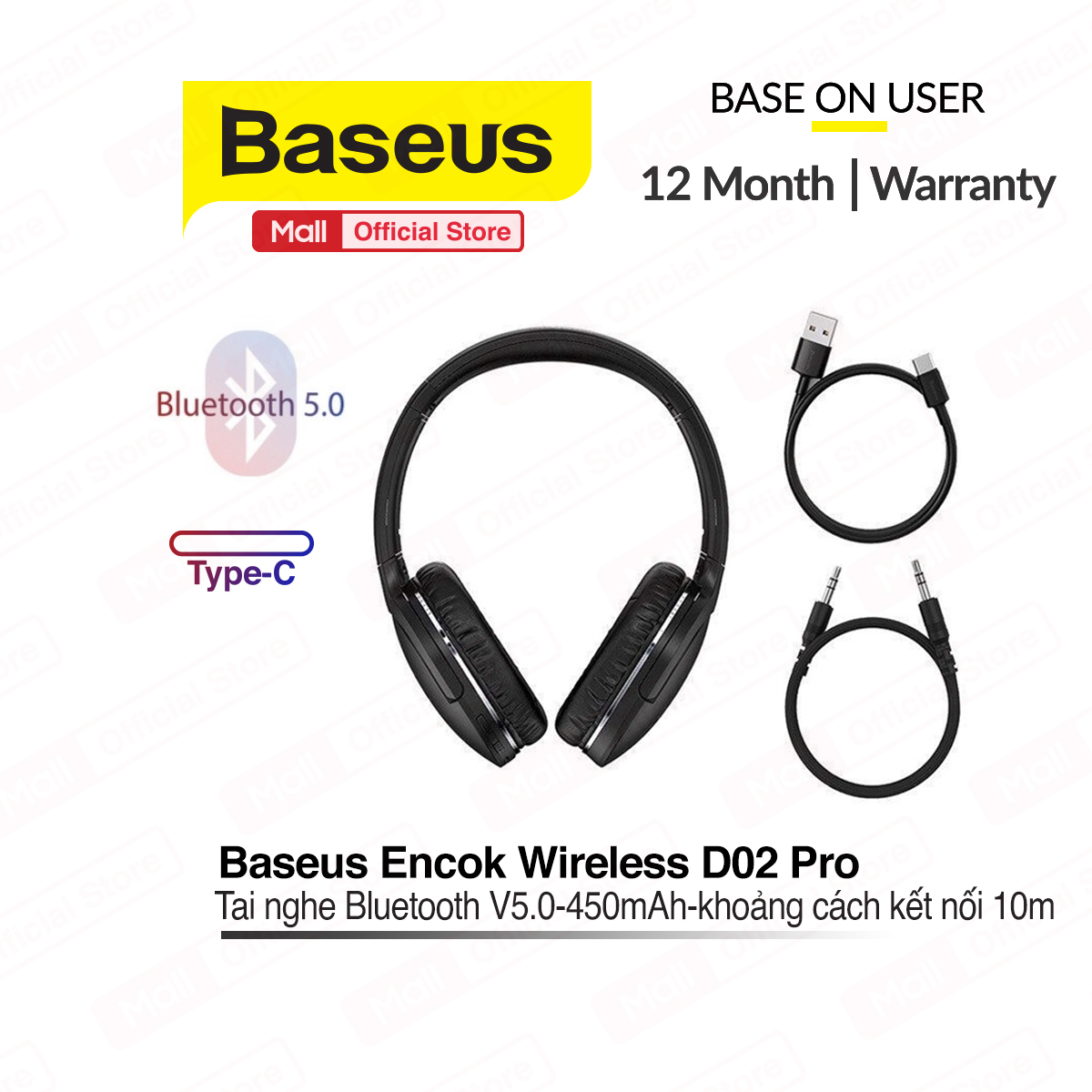 Tai nghe Bluetooth cao cấp Baseus Encok D02-Pro pin 450mAh sử dụng lên đến 40 giờ kèm dây sạc Tyce-C