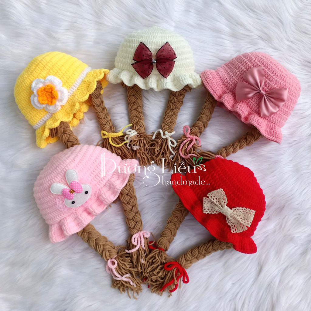 Nón len có 2 bím tóc cute cho bé gái