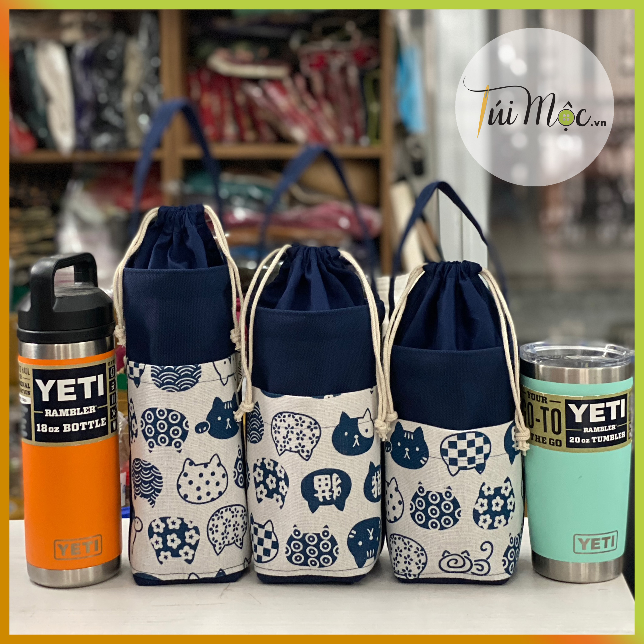 [ĐỘC QUYỀN] Túi vải bố MÈO chiêu tài đựng ly/bình/cốc giữ nhiệt may thủ công cực bền, đẹp