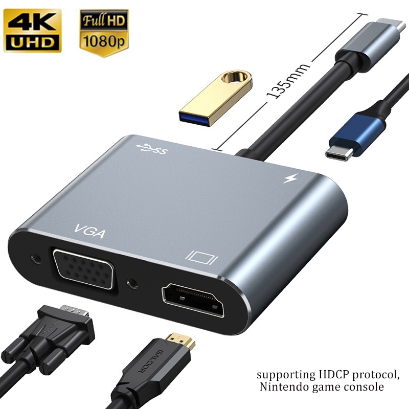 Cáp chuyển type c 4 trong 1 sang hdmi / vga / usb / usb-c 4k