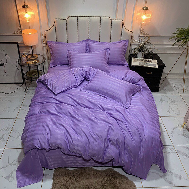 Bộ 4 Món Ga Gối SỌC 3F Vải Cotton Lụa Hàng Chuyên Cho Gia Đình Và Khách Sạn - Tím