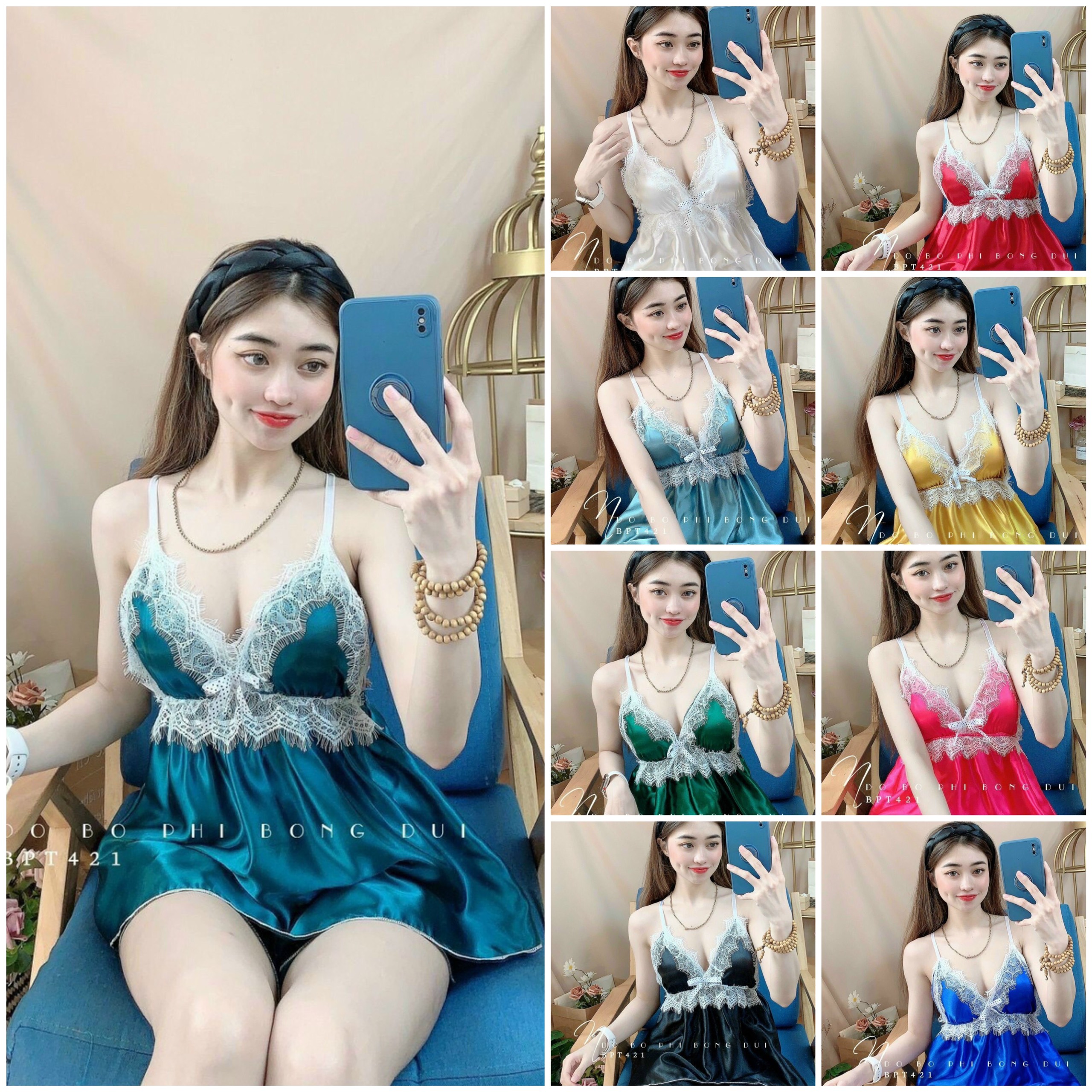 Bộ đồ ngủ 2 dây sexy có mút ngực vải phi bóng mềm mịn freesize dưới 58kg