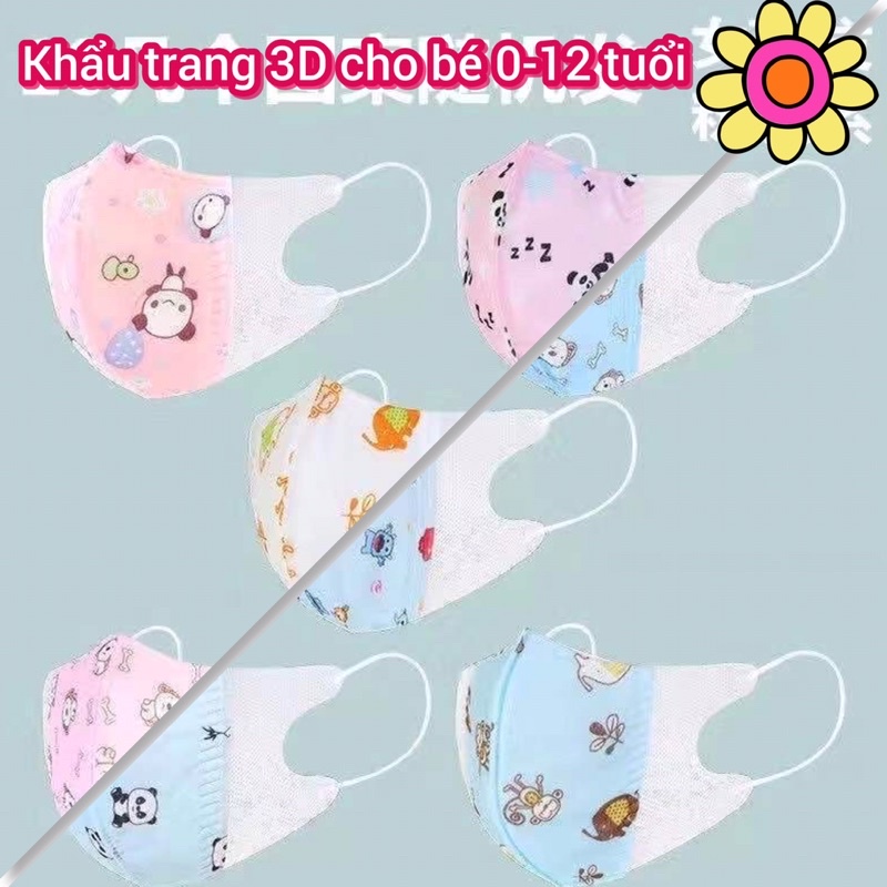 Combo 3 khẩu trang 3D hoạ tiết 4 lớp kháng khuẩn bui vi khuẩn mềm mịn không thấm nước dành cho bé từ 0-12 tuổi