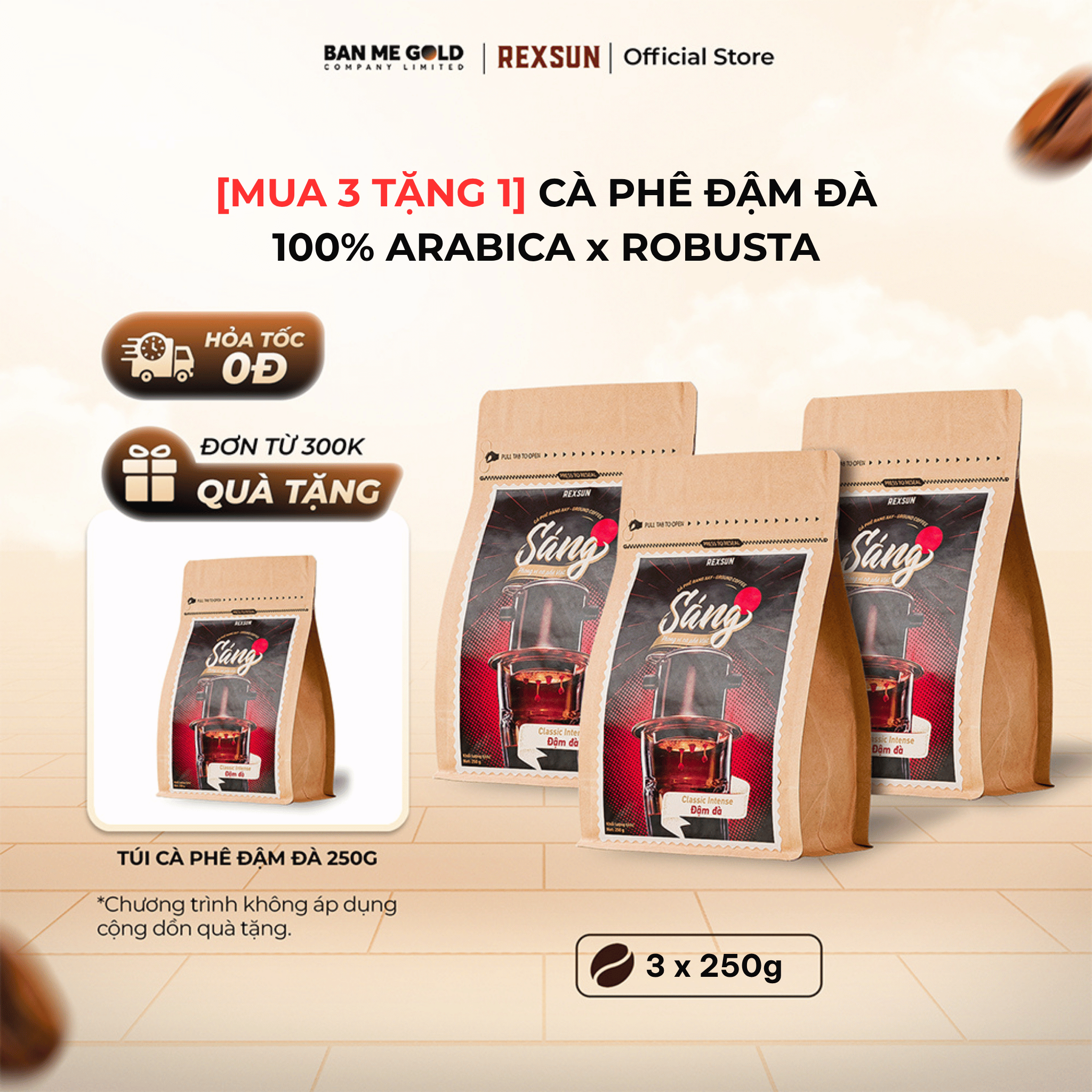 [MUA 3 TẶNG 1] Cà Phê Rang Xay Gu Đậm Đà - 100% Arabica x Robusta - 250g/500g - Cafe Nguyên Chất Ban Me Gold - REXSUN