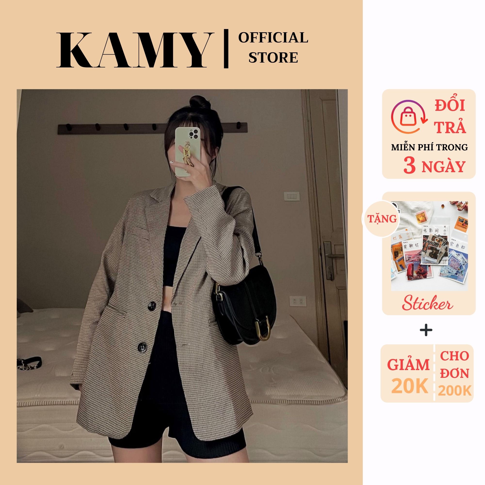 Áo Blazer nữ kẻ form rộng  2 lớp Hàn Quốc , Áo khoác vest nữ oversize kẻ ziczac Hàn Kamy Clothes