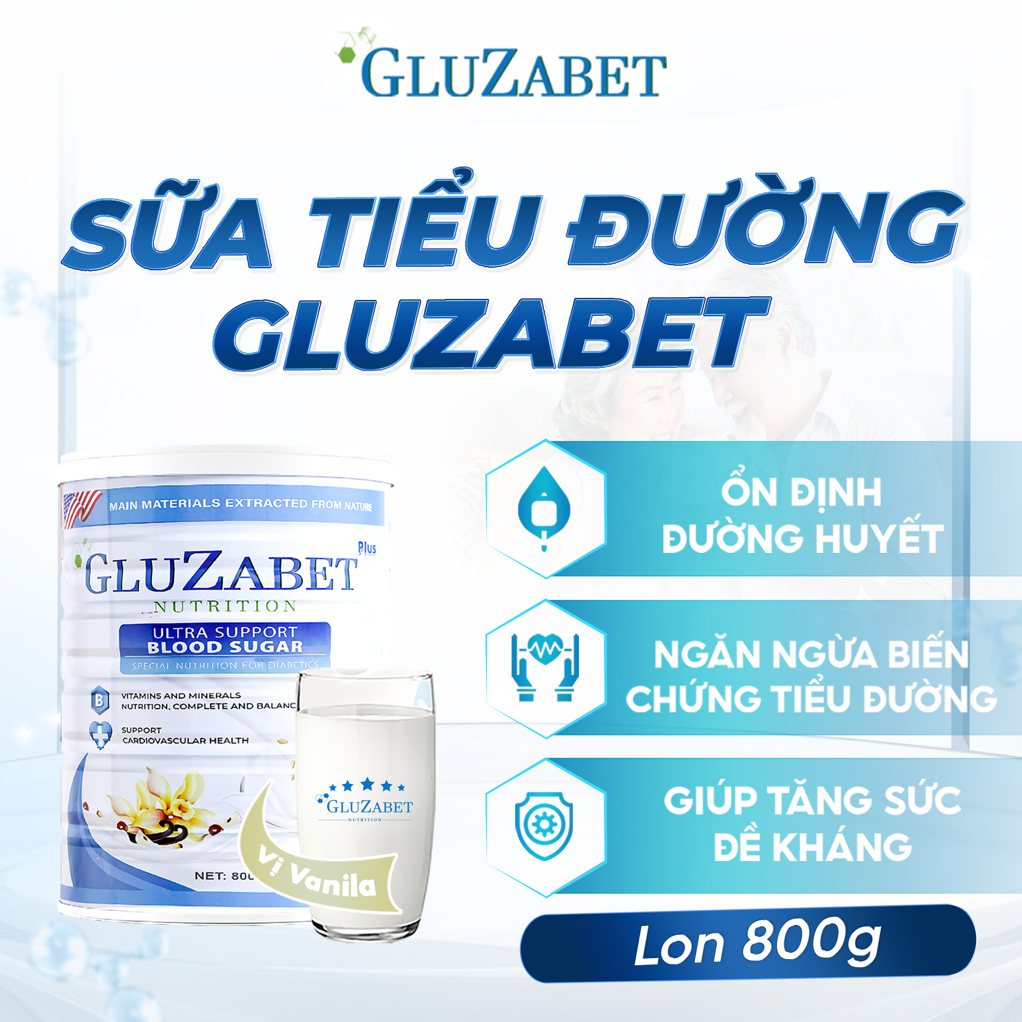 Sữa Gluzabet 800G - Sữa chuyên biệt cho người tiểu đường, Ổn định đường huyết, ngăn ngừa biến chứng tiểu đường, tăng đề kháng