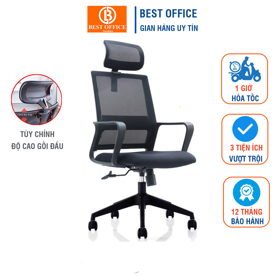 Ghế xoay văn phòng tựa đầu cao cấp B0171 màu đen- Computer chair -  Xoay 360 độ - Nâng hạ cao thấp - Chống ê mỏi cổ
