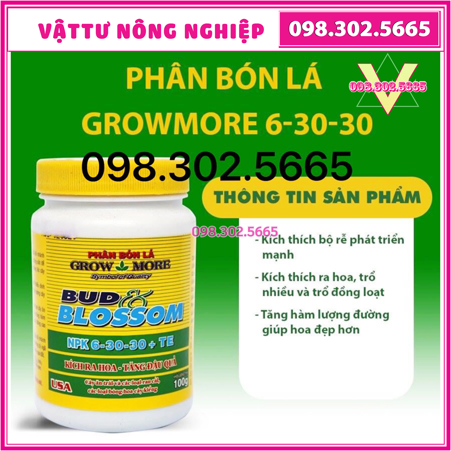 [Giá hủy diệt] GrowMore Bud Blossom Booster 6-30-30+TE 100gr - Phân bón lá Grow More kích cho ra hoa tăng đậu quả
