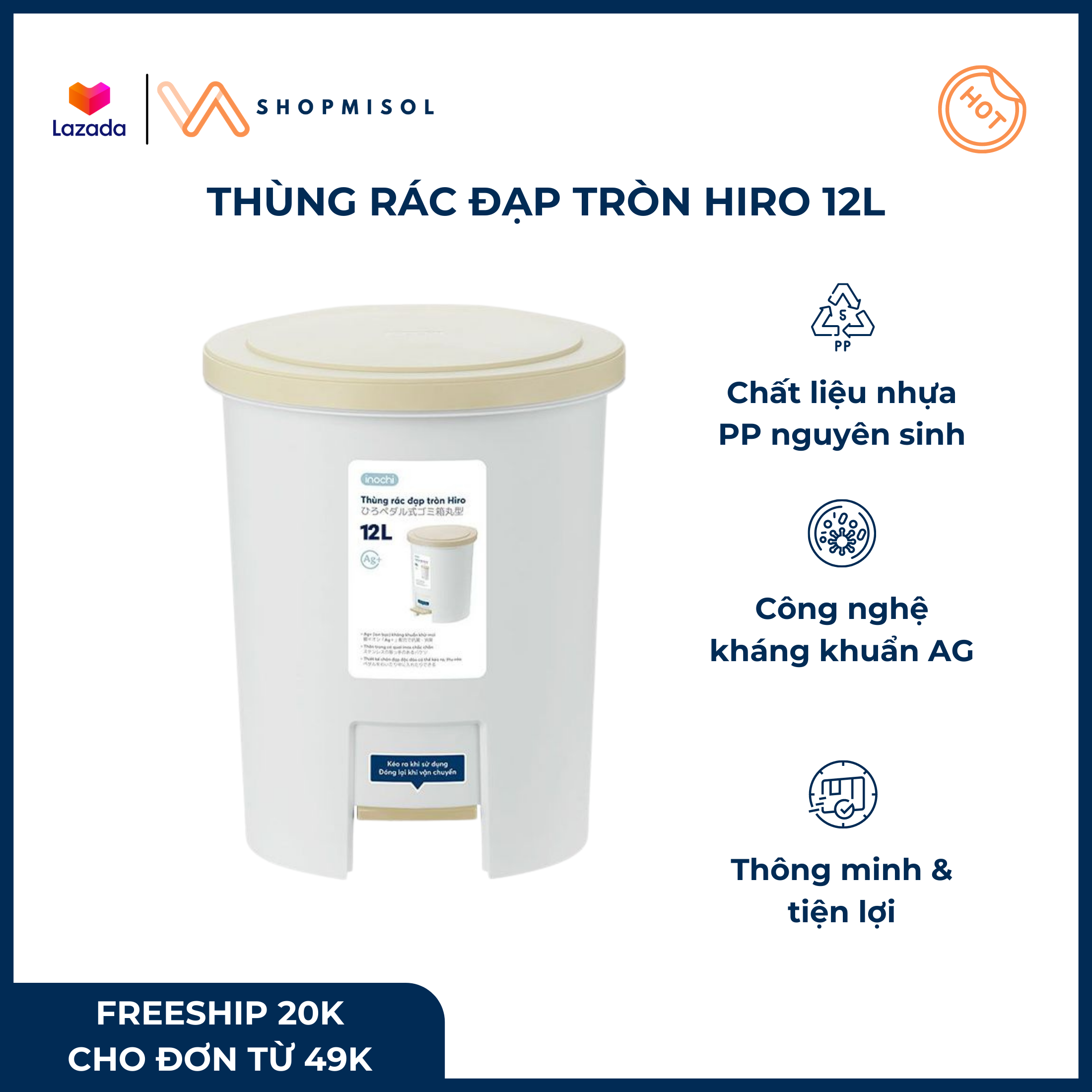 [HCM]Thùng rác mini thùng rác thông minh thùng rác nhà bếp đạp tròn HIRO 12L - Kích thước 291*282*345 mm - khối lượng: 1.1kg màu trắng kem+ghi sữa chất liệu nhựa PP nguyên sinh dùng để đựng rác trong gia đình hoặc văn phòng