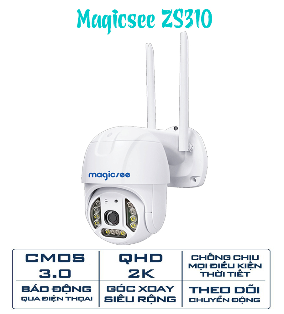 Camera giám sát an ninh ngoài trời không dây wifi xoay 360 Magicsee ZS310 Cmos 3.0, tối đa 2K, chống nước - Hồng ngoại ban đêm - Cảnh báo chuyển động - Kết nối không dây wifi IP - Tiếng Việt
