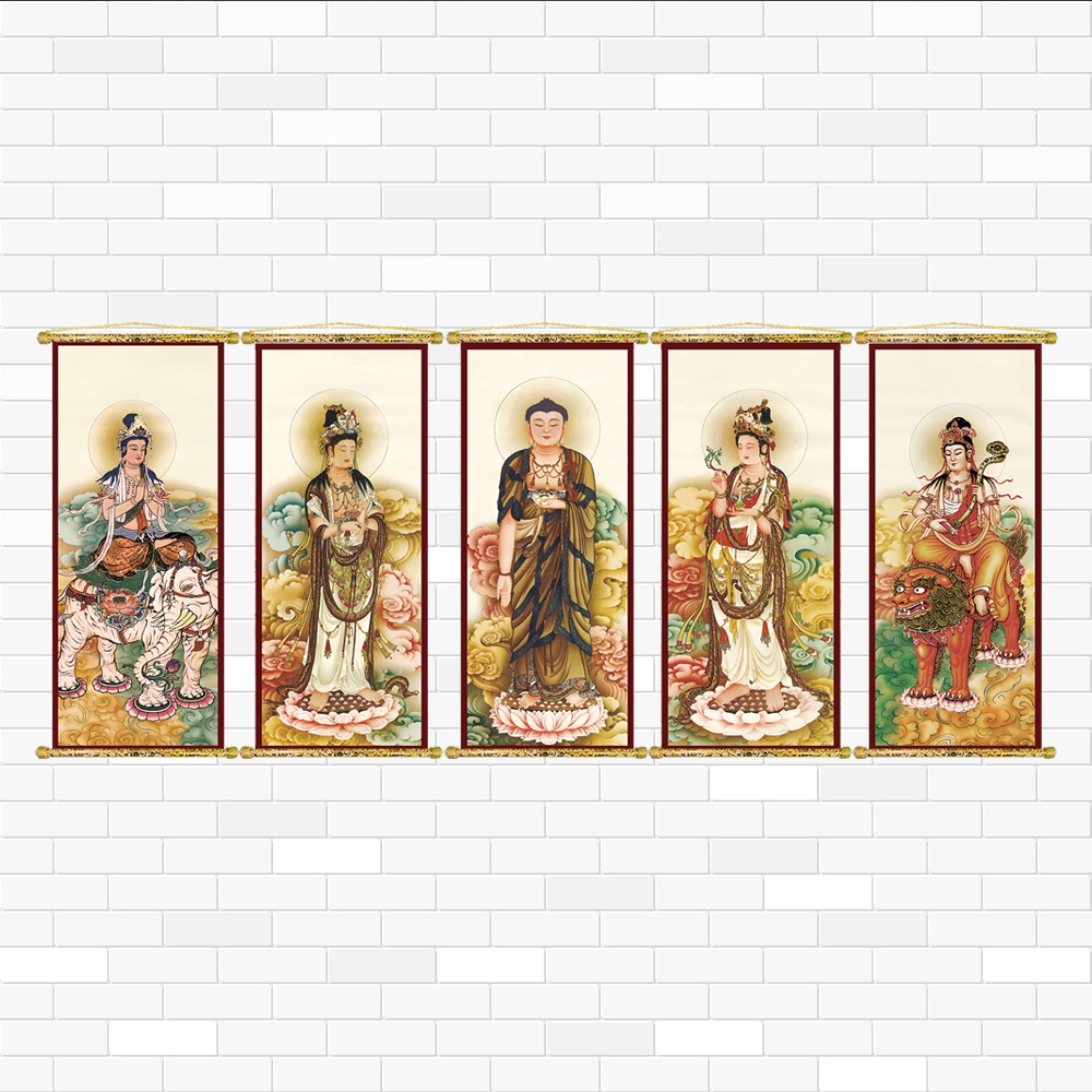 [HCM]Tranh Liễn Phật Giáo - Bộ 5 Tranh Ngũ Trí Phật NT01  KT 60x120 cm – Vải canvas cao cấp nẹp sáo gỗ tự nhiên