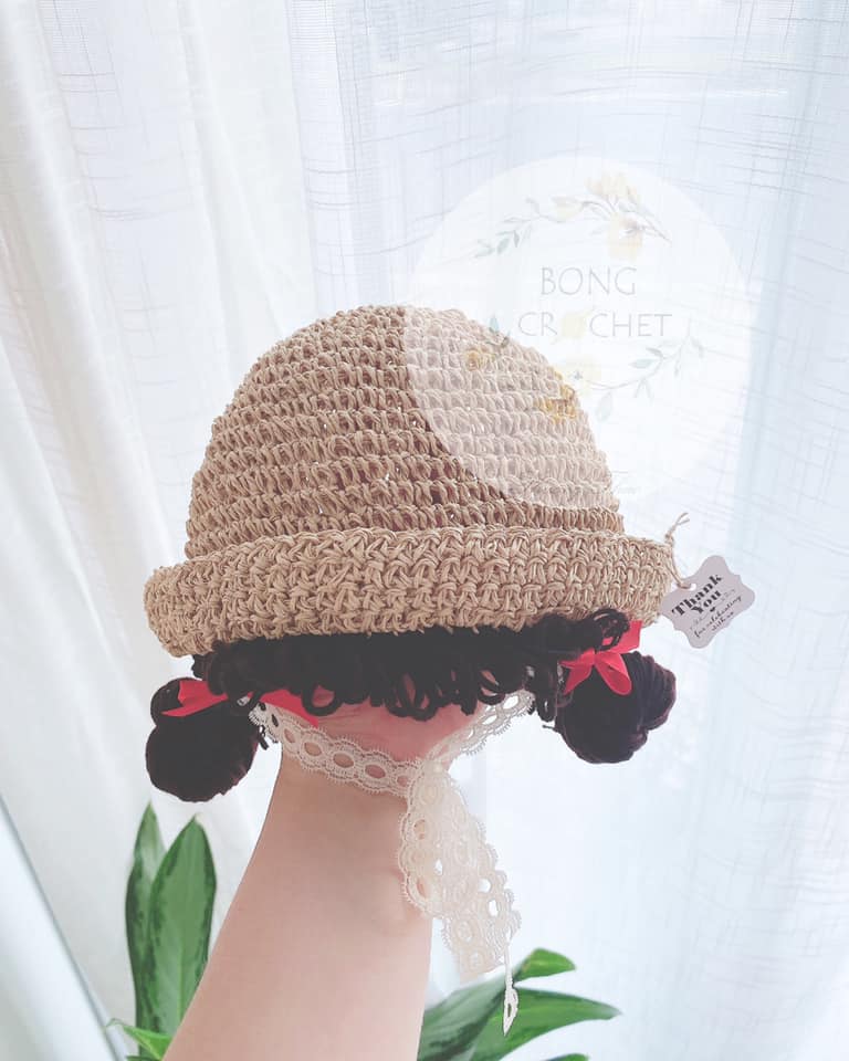 Mũ len sợi cói búi tóc (crochet) xinh cho bé gái (nơ đỏ)