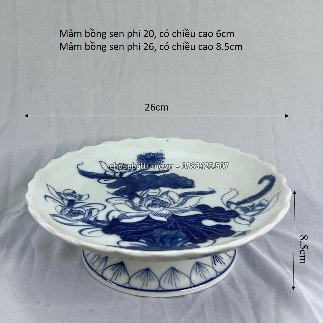 Đĩa đựng hoa quả / mâm bồng trên bàn thờ men xanh lam (sen) - đồ thờ cúng