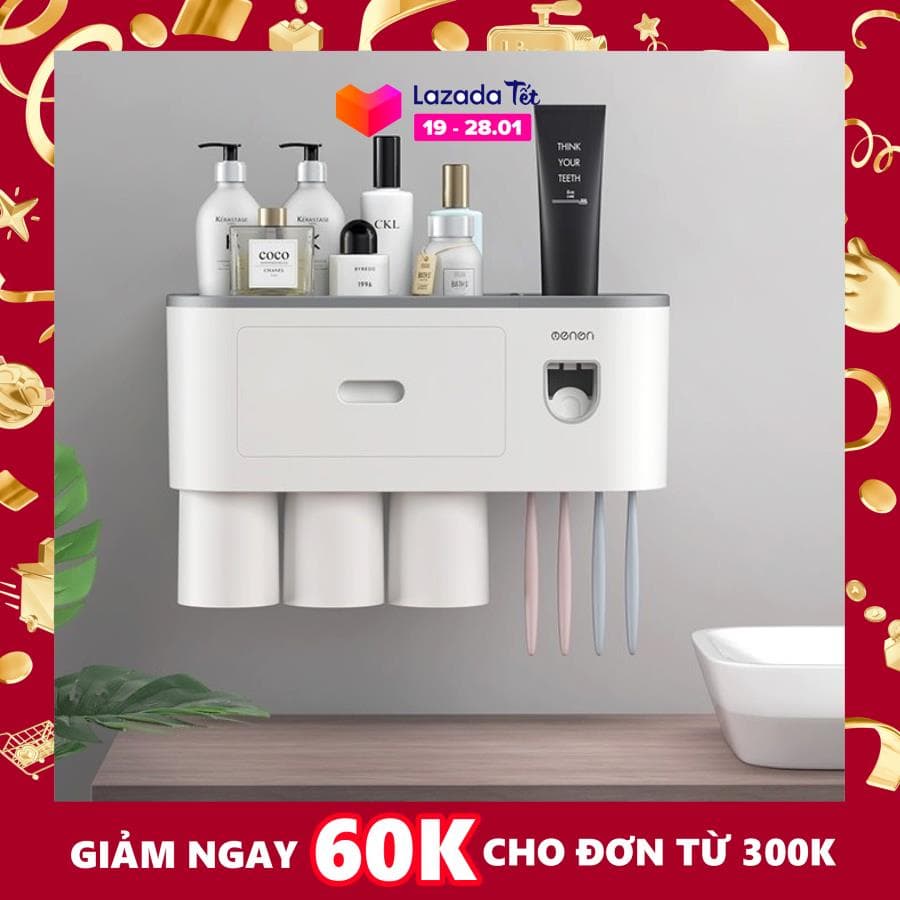 Giá Kệ Treo Đồ Nhà Tắm Thông Minh OENON có nhả kem đánh răng tự động lắp đặt dán tường không cần khoan kèm 3 cốc hít nam châm - OEK03
