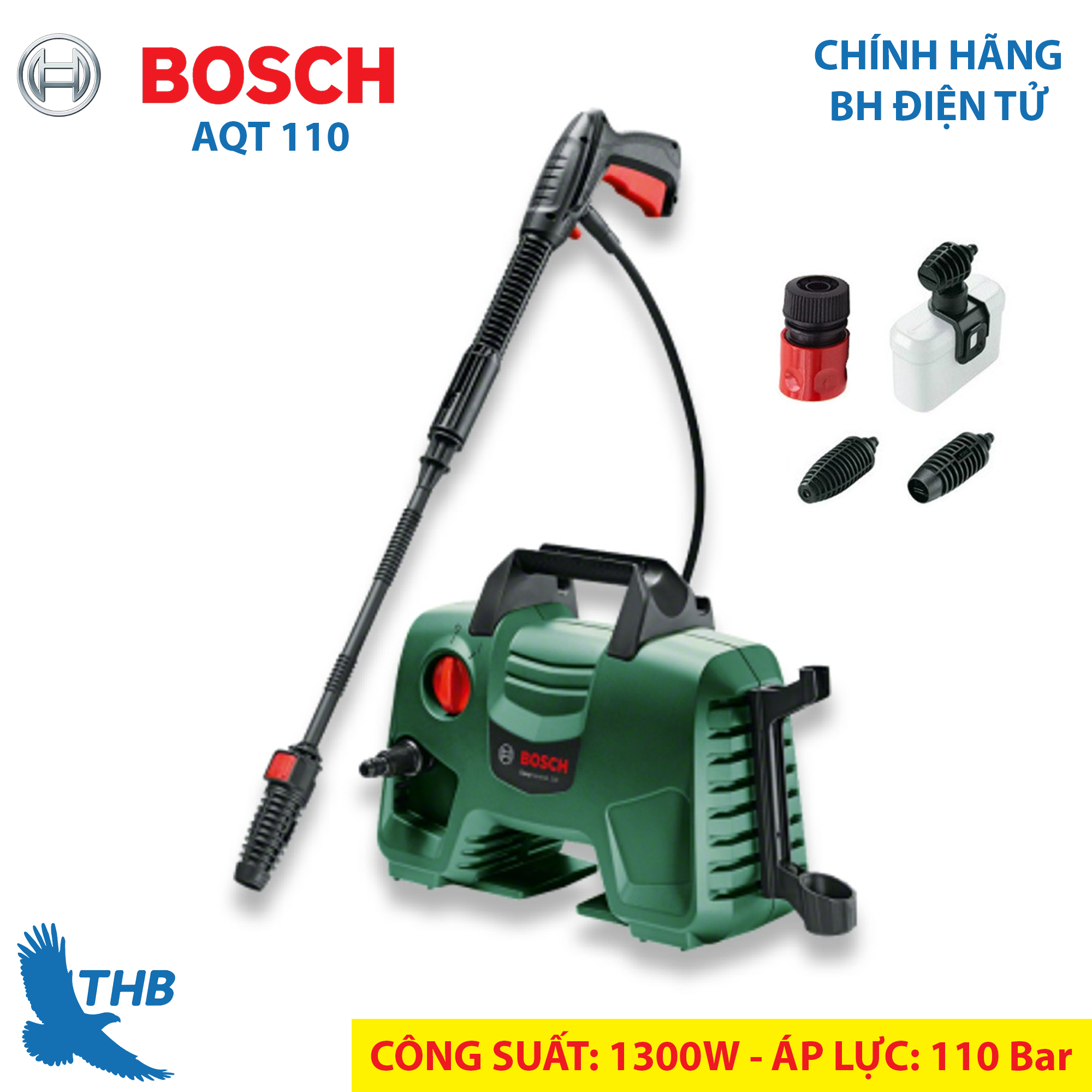 Máy phun xịt rửa Máy rửa xe gia đình Bosch AQT 110 áp lực 110 Bar chạy êm Tự ngắt khi không chạy Với 2 đầu xịt gom Thương hiệu Đức