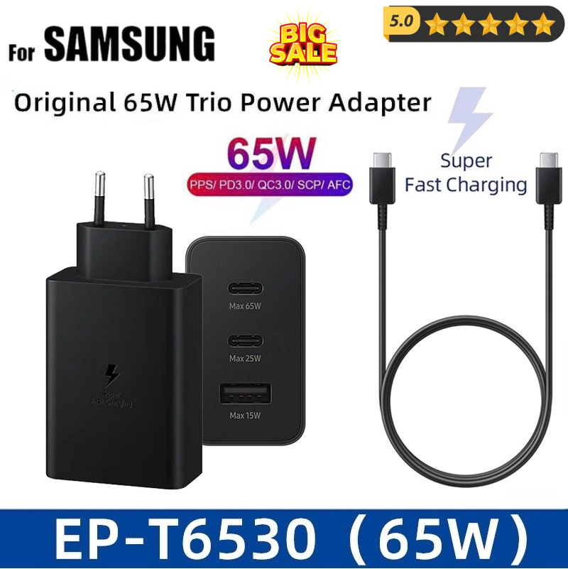 (CHÍNH HÃNG SAMSUNG) Bộ Sạc Nhanh Samsung 65W ,Củ Sạc Samsung 3 cổng 65W T6530 ( Tặng Kèm Dây Sạc ) 3 Cổng 2 Cổng USB-C,1 Cổng USB-A.65W EP-TA865 1 Cổng C,Cáp Sạc 5A 1m THÍCH HỢP MỌI Vivo, SAMSUNG, OPPO .Bộ Sạc Siêu Nhanh 65W Samsung Sạc Nhanh An Toàn