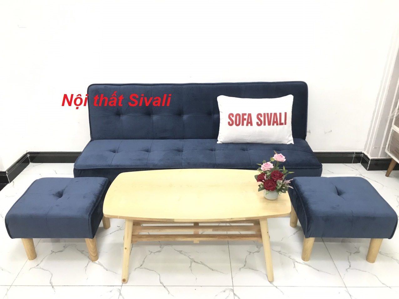 [HCM]Bộ ghế salon phòng khách sofa bed sofa giường màu xanh dương đậm đen vải nhung giá rẻ 1m7 nhỏ Nội thất Sivali HCM Tphcm Hồ Chí Minh