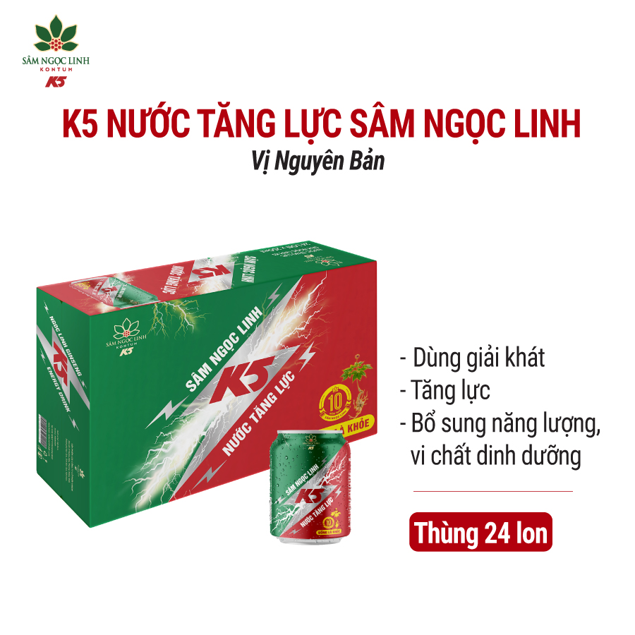 Nước tăng lực k5 sâm ngọc linh thùng 24 lon vị nguyên bản