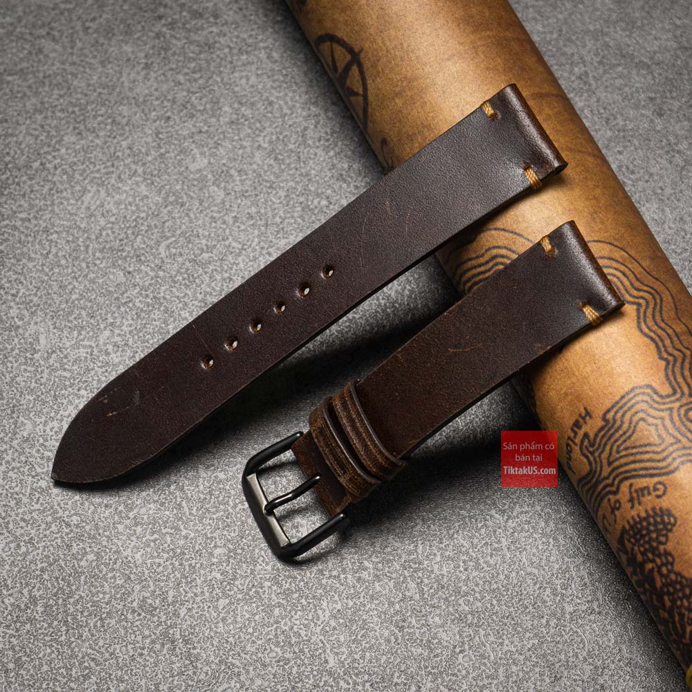 [HCM]Dây đồng hồ da bò thật Vintage không chỉ viền kèm khóa Đen Tặng kèm cây thay dây và 2 chốt đồng hồ Size từ 18mm đến 22mm