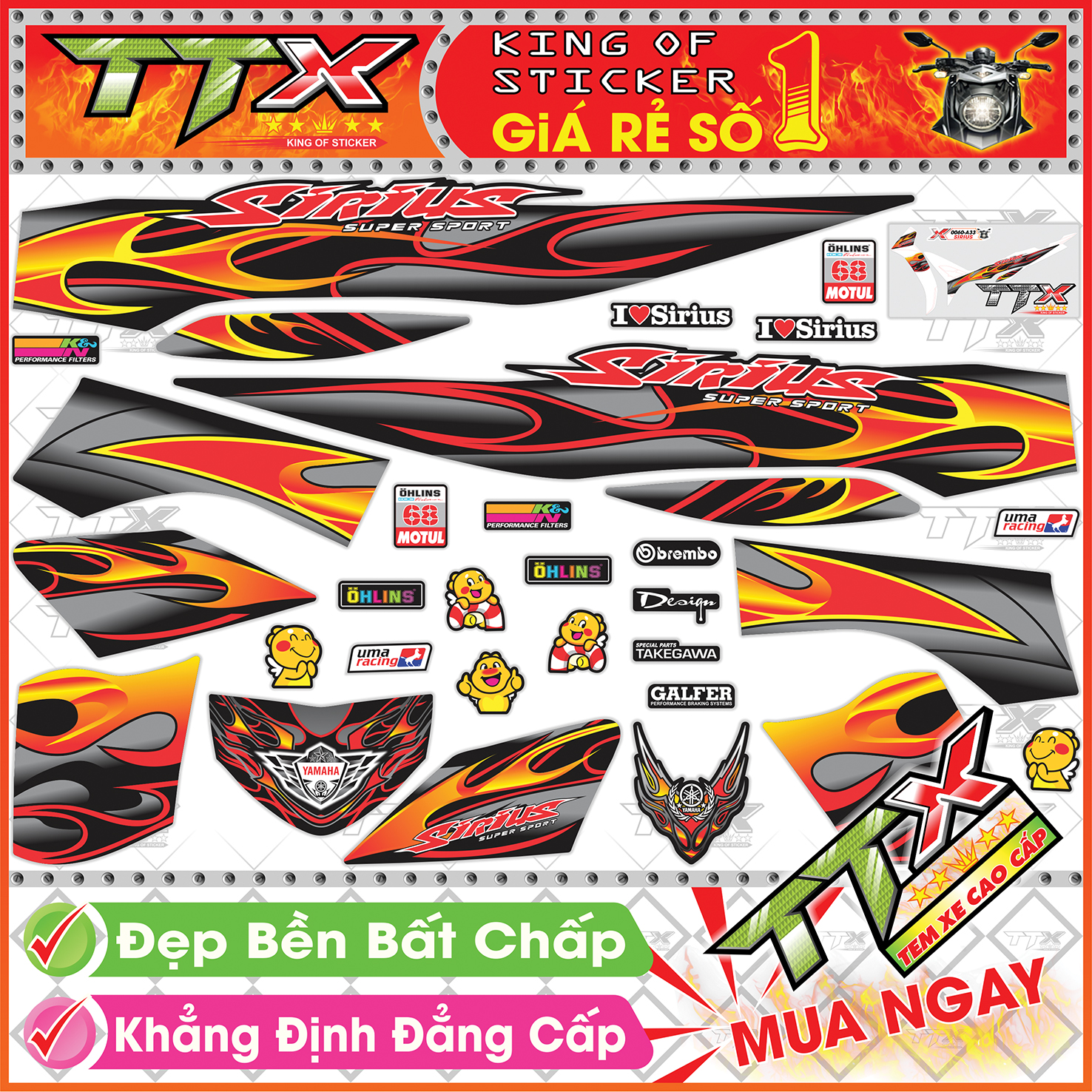 Tem xe sirius đen xám đỏ vàng lửa siêu đẹp - tem sirius lửa vàng đỏ xám đen hót - mẫu team sirius đen xám đỏ