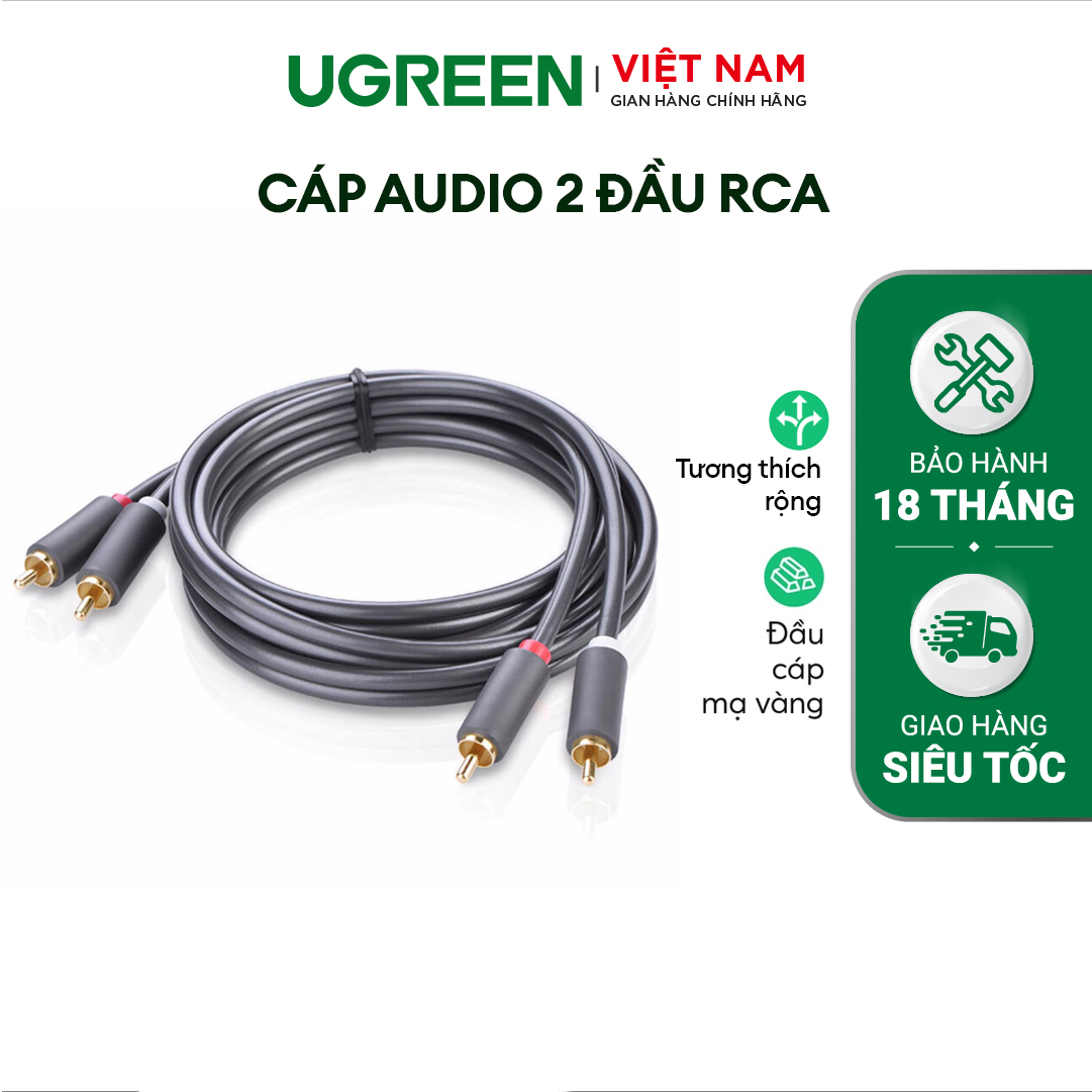 Cáp Audio 2 đầu RCA UGREEN AV104| Chuẩn 2 đầu 2RCA đực sang 2RCA đực | Mạ vàng 24K | Bảo Hành 18 Tháng 1 Đổi 1 | 10517 10518 10519 10520 30747 50285