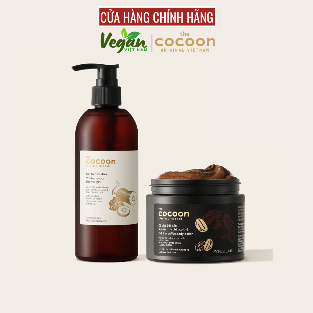 COMBO MỤN LƯNG  body gel tắm bí đao và cà phê Đăk Lăk sáng mịn sạch mụn cải thiện làn da mờ vết thâm làm sạch da cocoon viet nam - Vegan Việt Nam
