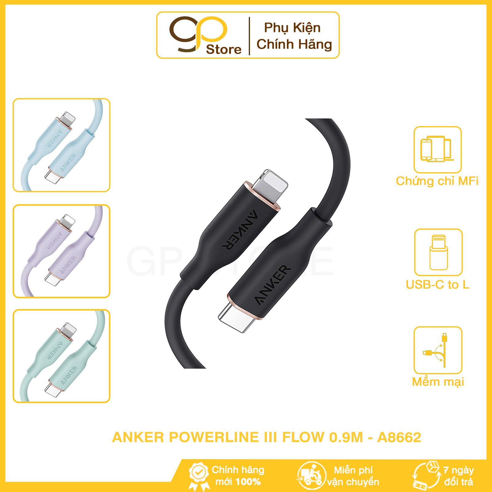 Cáp Sạc Type C to Ligh.ning Anker PowerLine III Flow Dài 0.9m Siêu Mềm