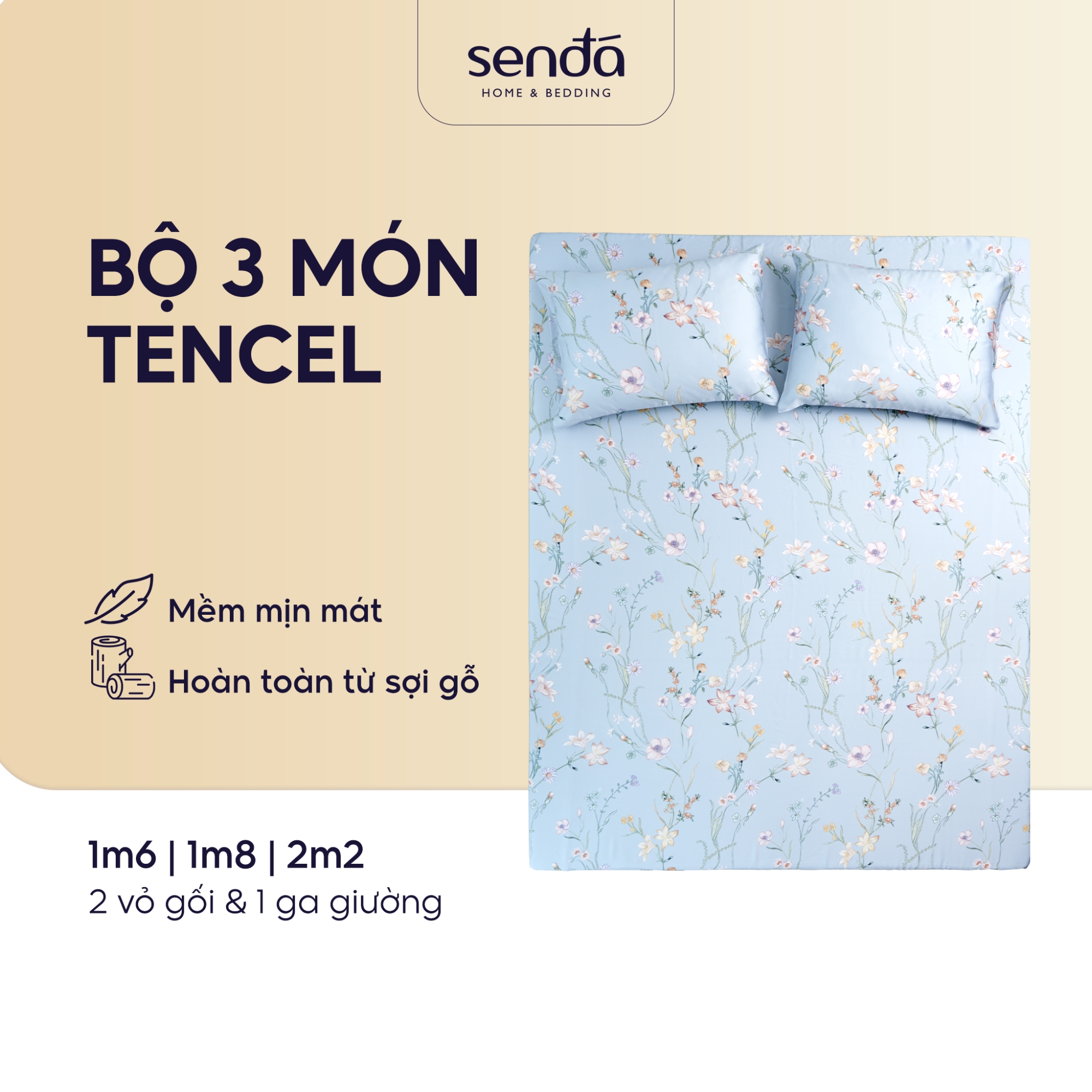 Bộ ga gối 3 món Lụa Tencel Sen Đá Home Bedding cao cấp họa tiết, set 2 vỏ gối, 1 ga giường bo chun 1m6 1m8