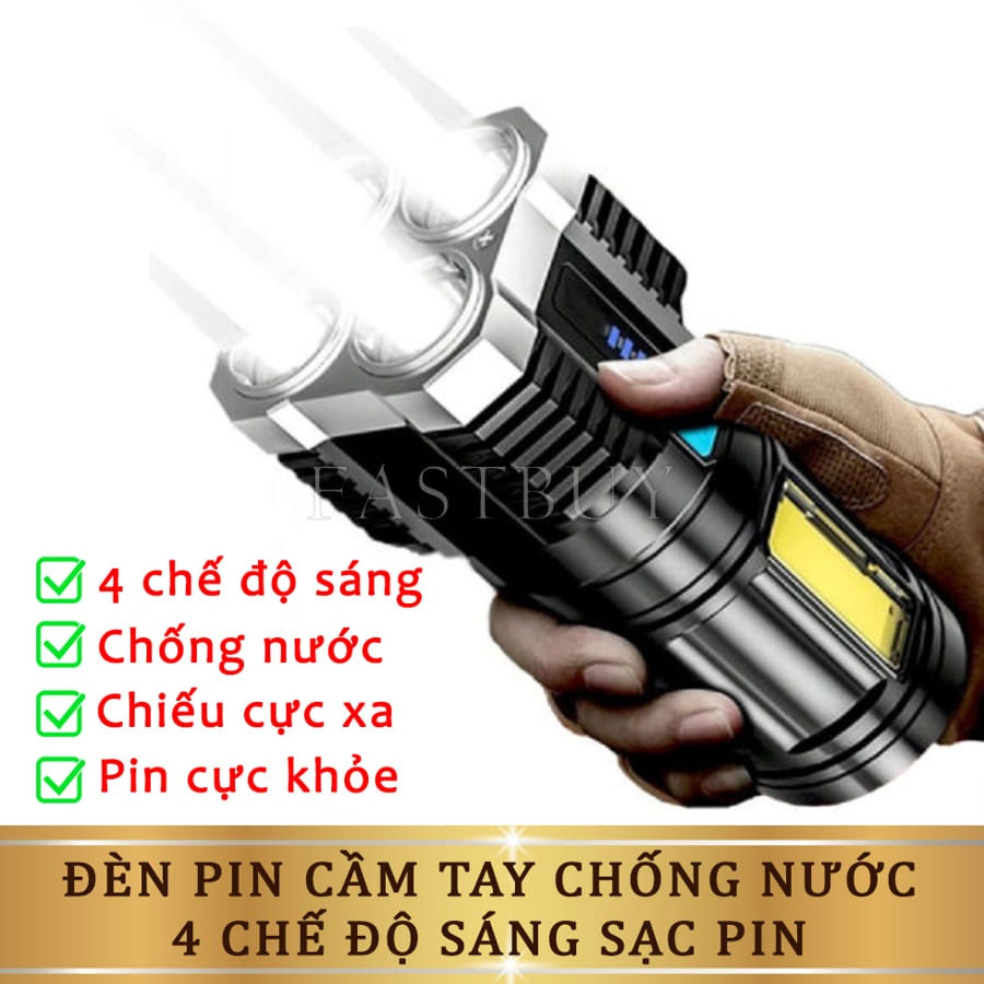 Đèn pin cầm tay 4 bóng siêu sáng chiếu xa 200m 4 chế độ sáng, chống thấm nước, đèn pin siêu sáng, đèn chiếu sáng