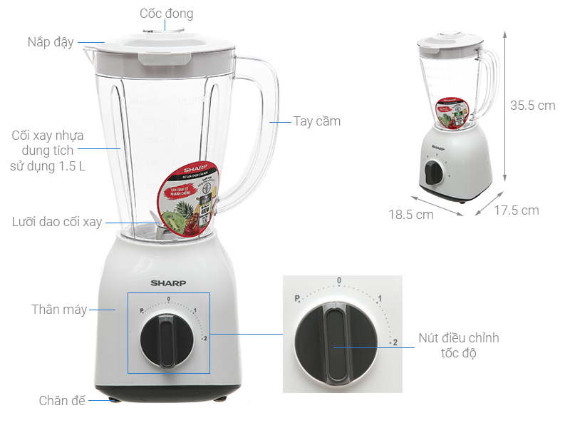 Máy xay sinh tố tốt 2022 - máy xay sinh tố gia đình - máy xay sinh tố giá rẻ - máy xay sinh tố sharp em-s154pv-wh, lưỡi dao sắc bén, thiết kế an toàn & hiện đại, chất liệu cao cấp, công suất 400w xay mịn dễ dàng mọi ực phẩm