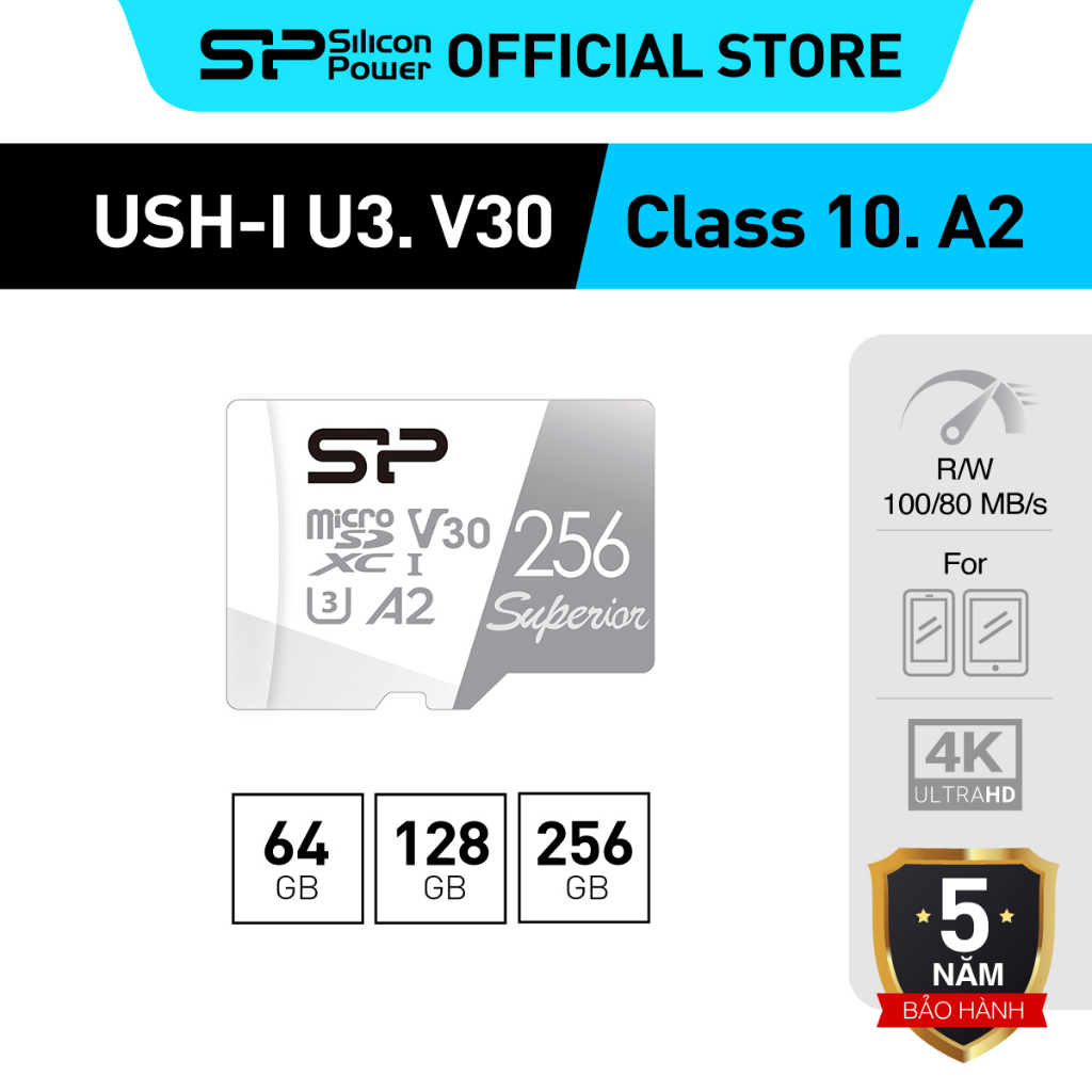 Thẻ nhớ silicon power 64gb/128gb/256gb/512gb/1tb microsdxc uhs-i c10 u3 v30 a2 micro sd card, 4k video 100mb/s đọc, bảo hành 5 năm