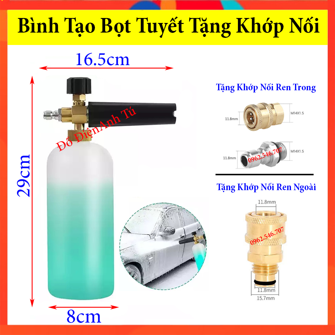 Bình phun tạo bọt tuyết 1000ml - Tặng kèm khớp nối nhanh gắn súng rửa xe áp lực cao