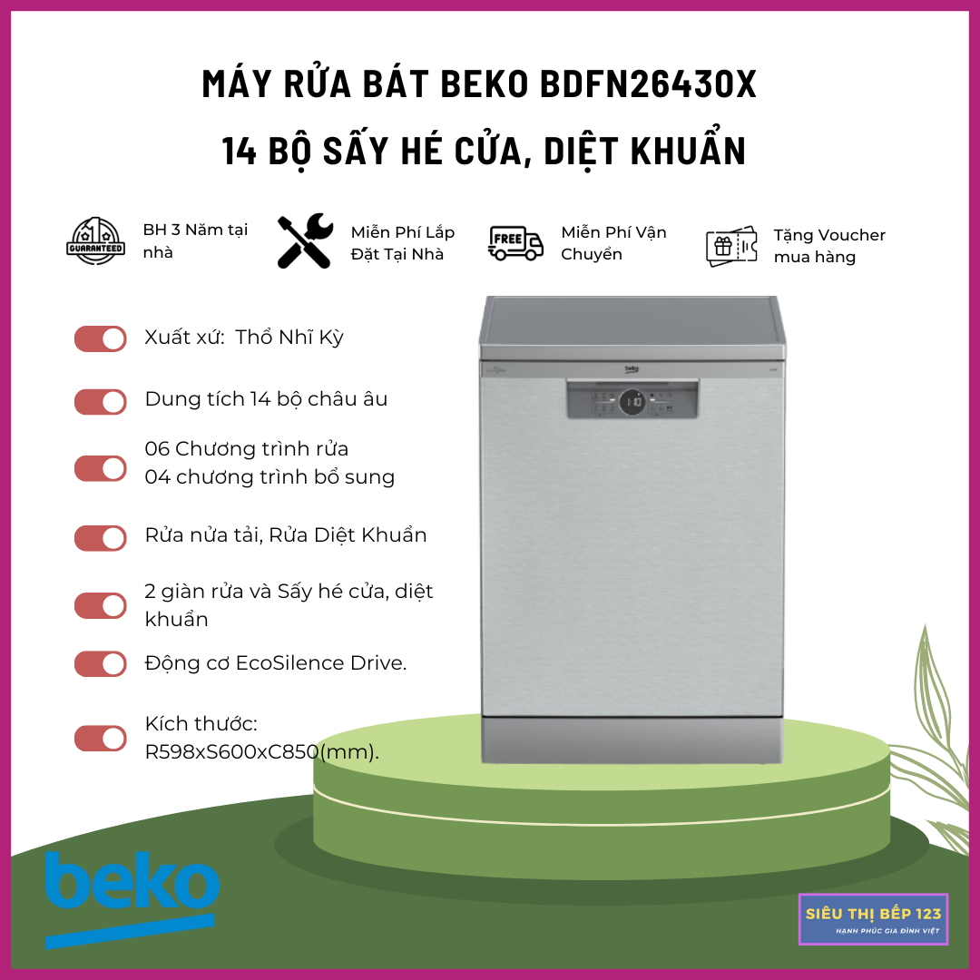 Máy rửa bát Beko BDFN26430X với 14 Bộ, Sấy Hé Cửa , Rửa diệt Khuẩn