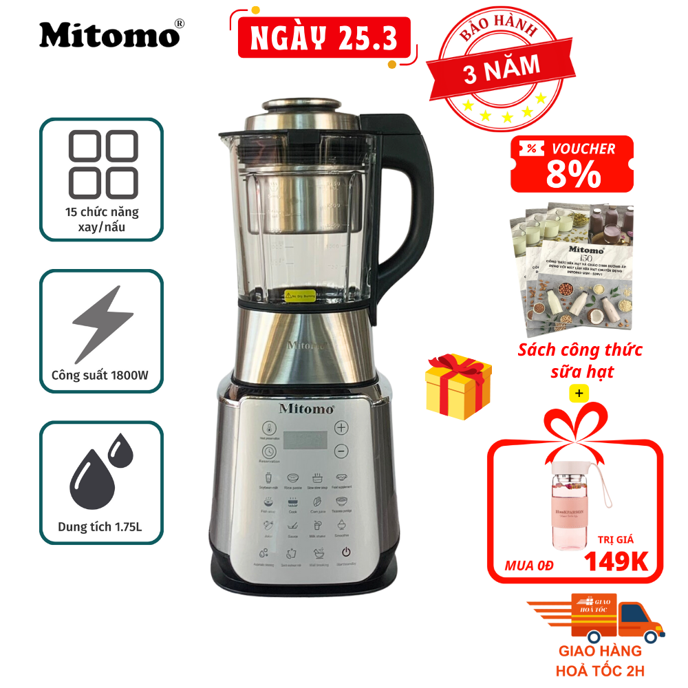 Máy làm sữa hạt Mitomo 539V1, công suất 1800W, dung tích 1.75L, chức năng tự làm sạch, cối thủy tinh chiệu nhiệt cao câp