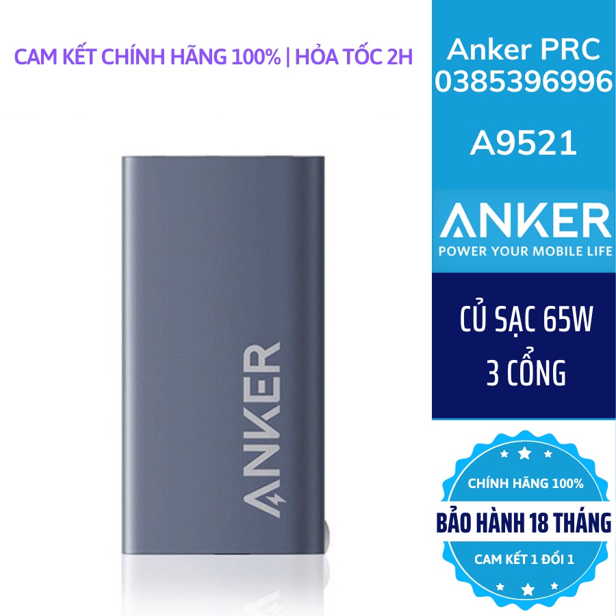 Củ sạc 65w anker a9521 a9523 gan 3 cổng