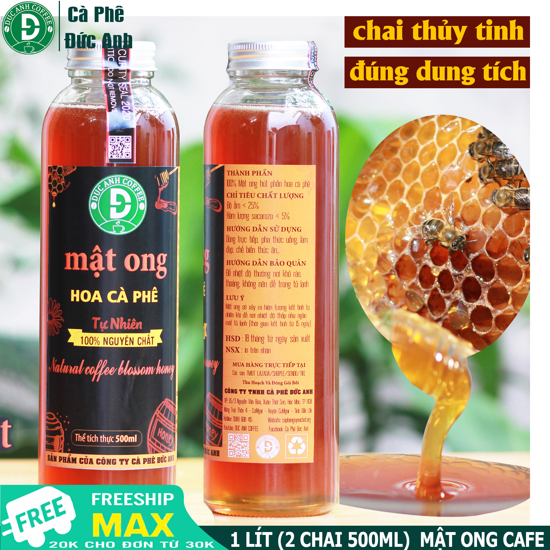 Mật ong nguyên chất hút phấn rừng hoa cà phê CHAI THỦY TINH 1000ML ( 2 chai 500ml) tương đương 1400g tiện dụng - Sản phẩm của công ty cà phê Đức Anh