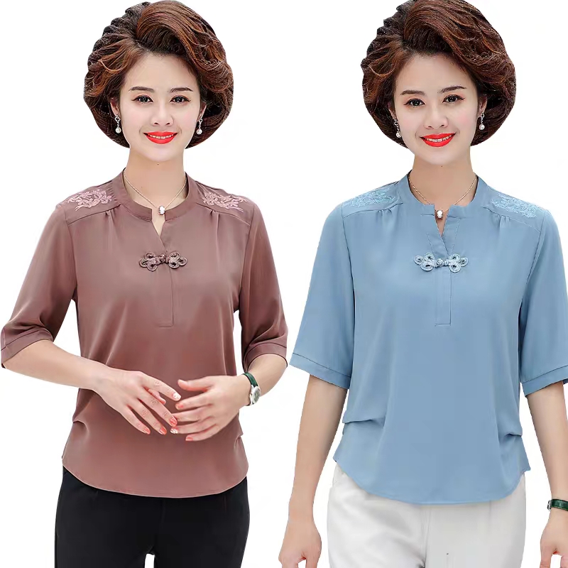 Áo trung niên thêu hoa cổ trụ hàng nhập