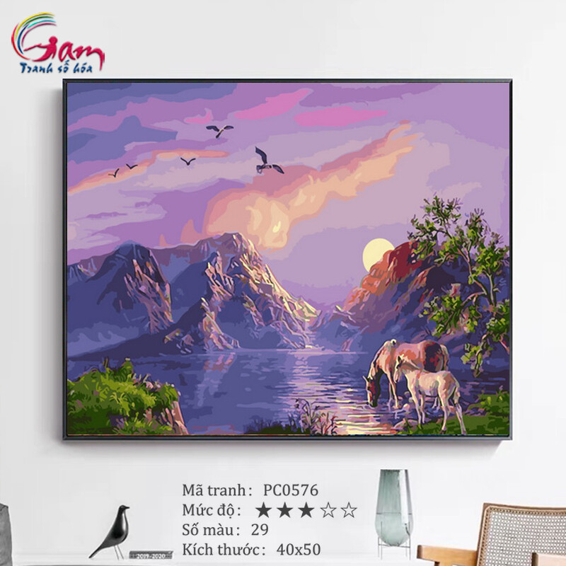 Tranh tự tô màu sơn dầu số hóa DIY Phong cảnh - Mã PC0576 Đôi ngựa Trang trí Phòng khách Nhà bếp Làm quà tặng và Giảm Stress