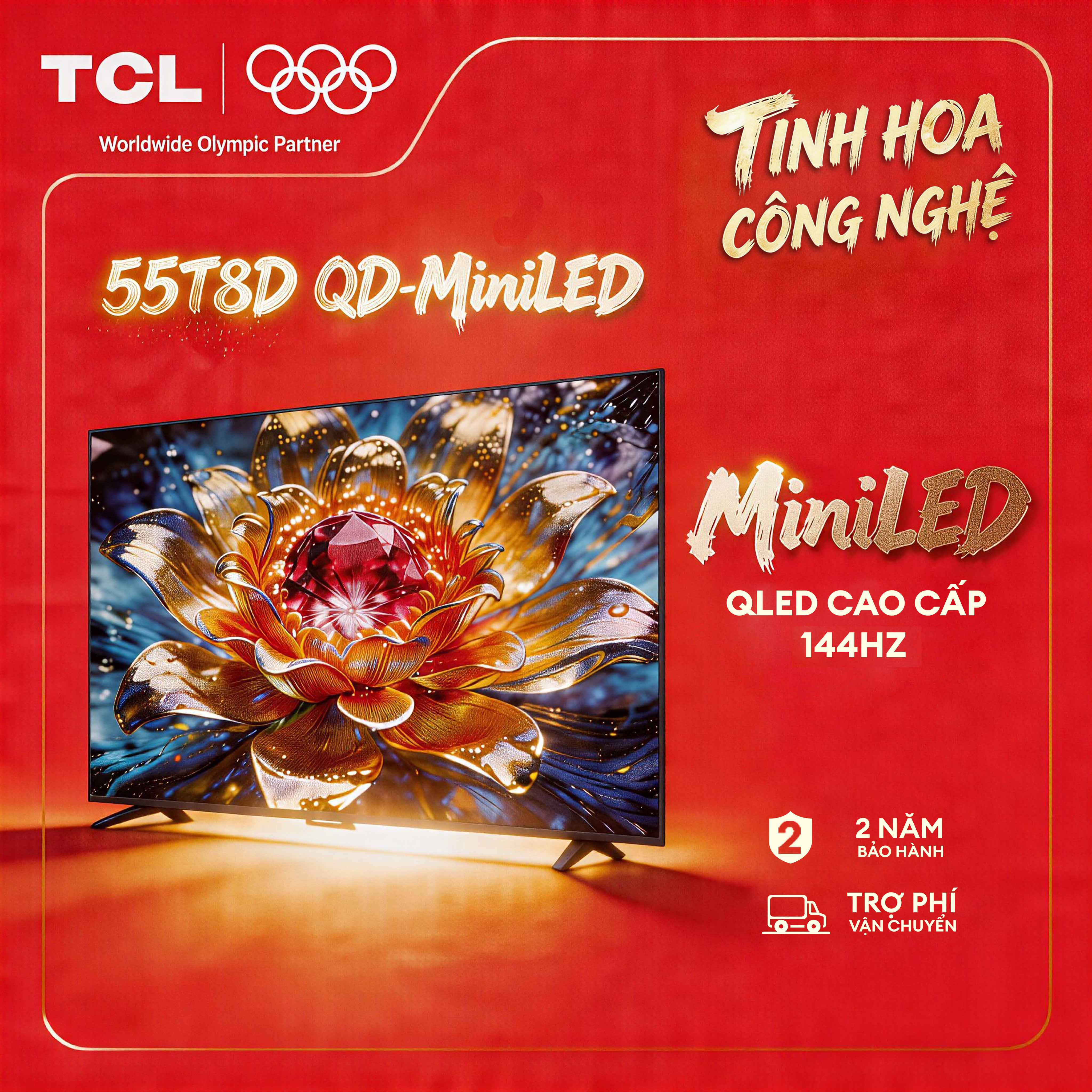 【QD-Mini LED】55inch - TV QLED Cao Cấp - 4K Smart Google TV TCL 55T8D - HDR10+ - Tần số quét 144Hz - LOA ONKYO 2.1- MỚI 2026 - Bảo Hành 2 Năm - Hàng Chính Hãng