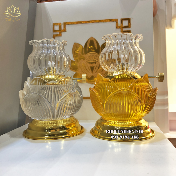 Đèn dầu thờ cúng lưu ly cát tường cao 13cm đế dát vàng