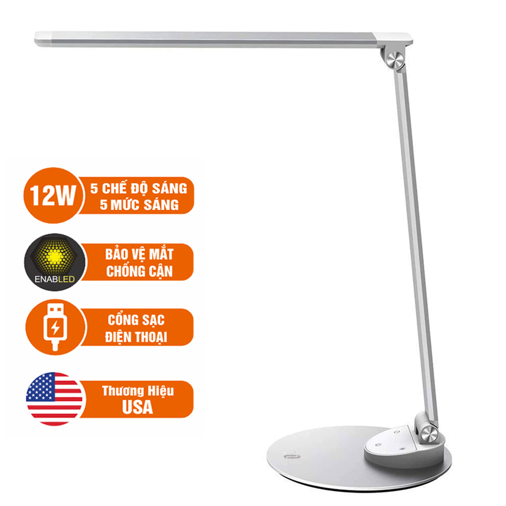 Đèn bàn làm việc TaoTronics 12W, Điều khiển cảm ứng 5 chế độ ánh sáng làm việc, Thân đèn kim loại - TT-DL19