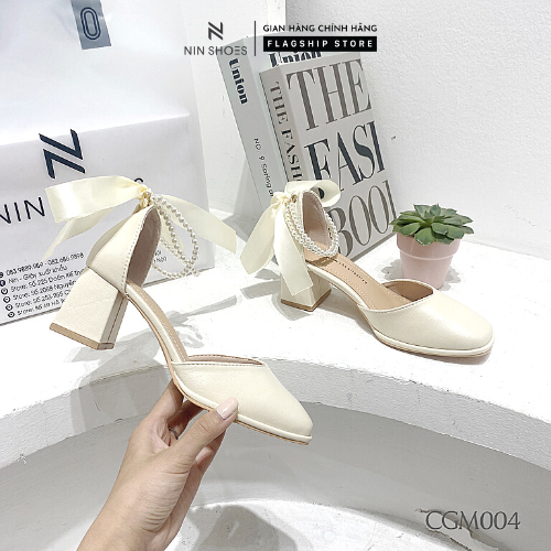 Giày cao gót Ninshoes - Cao gót Mary jane 5P đế vuông mũi tròn bít gót, quai dây đính ngọc